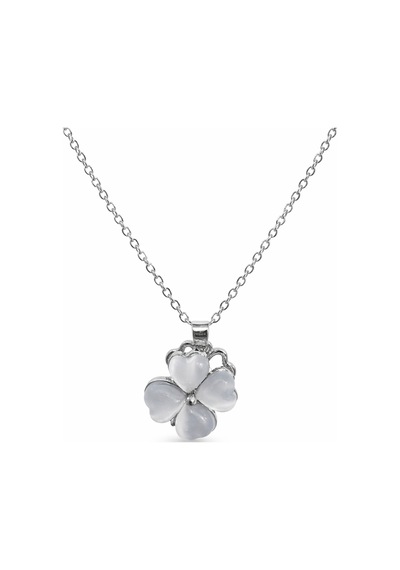 Beyaz Taşlı Kalp Yonca Kolye Unisex Metal Zincir 60 Cm Altın - Gümüş