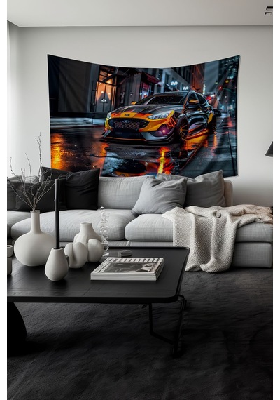 Gece Yansıması Araba Desenli Duvar Halısı Duvar Örtüsü Tapestry Süet Dokulu Kumaş