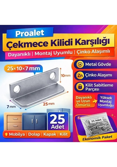 Proalet Çekmece Kilidi Karşılılığı, Sac, 25x10x7 Mm, Metal Gövde, Dayanıklı, Montaj Uyumlu, Mobilya, Dolap, Ka Diğer
