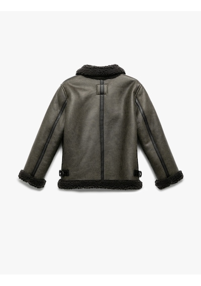 Koton Peluş Detaylı Gömlek Yaka Uzun Kollu Oversize Biker Ceket Haki 6wkg20039aw Haki
