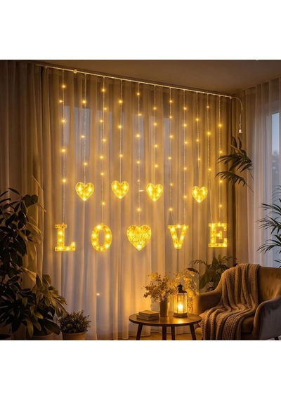 3 Metre Perde Led Işık - 8 Modlu Kalp Ve Love Figürlü Dekoratif Animasyonlu Led 02