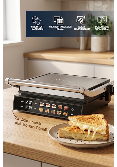Sinbo SSM-2597 2000 W 10 Ön Ayarlı Dijital Ekranlı Sıcaklık Ve Zaman Göstergeli Döküm Plakalı Izgara Ve Tost Makinesi