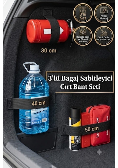 Ankanorm 3'lü Oto Bagaj Sabitleyici Elastik Bant Seti 30-40-50 Cm