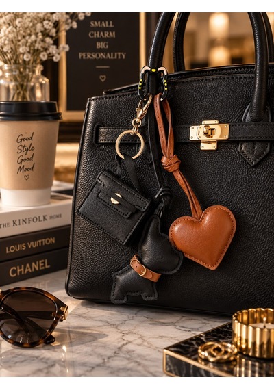 Siyah Köpek Figürlü Çanta Charm Mini Çanta Ve Kalp Detaylı Bag Charm Çanta Süsü Anahtarlık