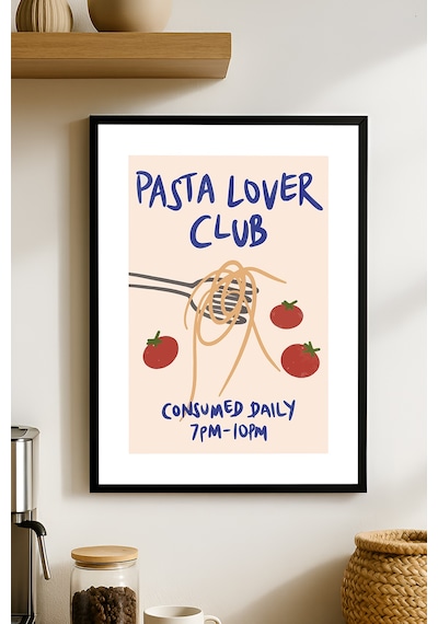 Pasta Lover Club Doğal Ahşap Çerçeveli Poster, Dekoratif Makarna Duvar Tablosu