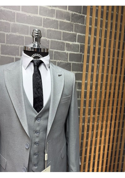 Dupont Classics Erkek Slim Fit 6 Drop Sivri Yaka Yelekli Poliviskon Çift Yırtmaç Takım Elbise Açık Gri