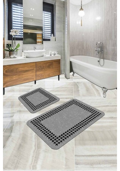Gri Kazayağı Desenli Banyo Halısı Klozet Paspas Seti Bs332n11