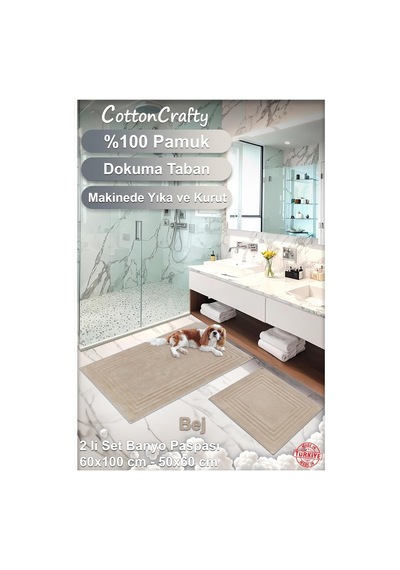 Cottoncrafty %100 Pamuk Dokuma Su Emici Banyo Paspas Seti, Banyo Halısı Vera 2 Li Set 60x100-60x50 Bej Genel