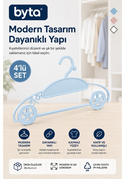 Araba Tasarımlı Çocuk Elbise Askısı 4'lü Set Dayanıklı Dekoratif Plastik Giysi Askısı Mavi