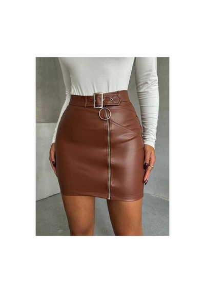 Verymoda Fermuarlı Deri Etek F0125 Taba