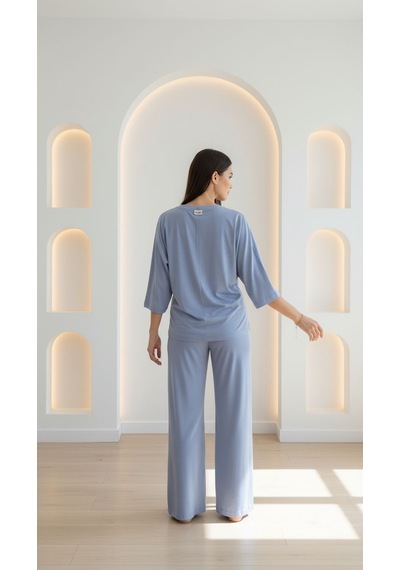 Divinus Bol Kesim V Yaka Yarım Kollu Pijama Takımı Mavi