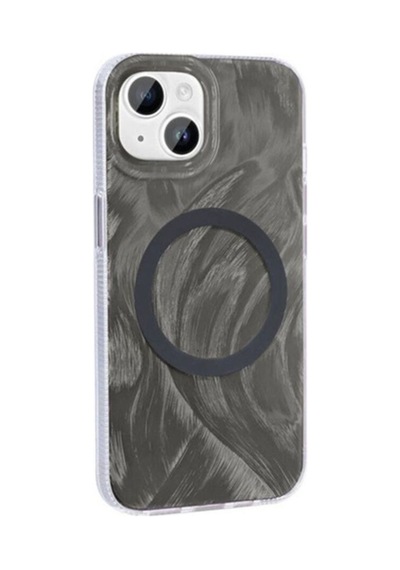 Apple Uyumlu iPhone 15 Kılıf M-safe Şarj Özellikli Fırça Boya Desenli Zore Palet Kapak Gri