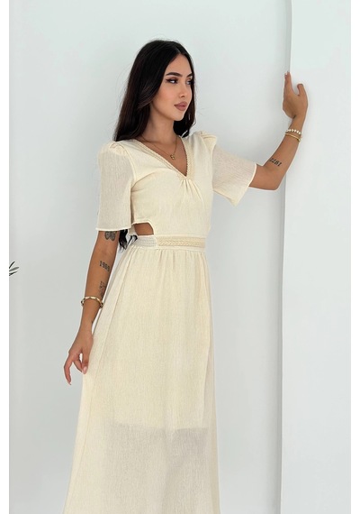 Asprin Fashion Beli Açık Garnili Krinkıl Keten Elbise Krem Krem