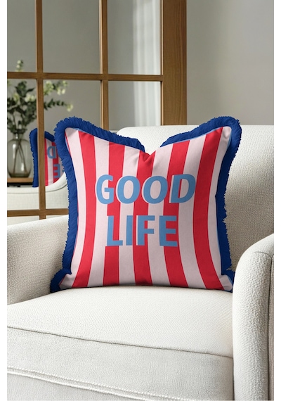 Pop Art Good Vibes Saçaklı Yastık Kılıfı - Lacivert Retro Kırmızı Mavi Püsküllü Kırlent Kılıfı Sakin Vadi Mira
