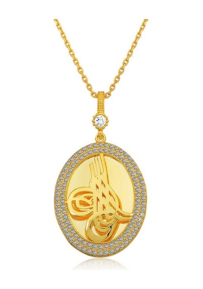 Gümüş Gold Tuğralı Oval Bayan Kolye