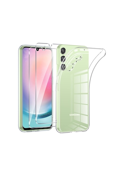 Samsung Galaxy Uyumlu A24 Şeffaf Silikon Kılıf & 2 Adet Temperli Cam Ekran Koruyucu Seti