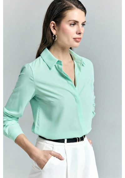 Sateen Klasik Düz Gömlek - Mint-128706
