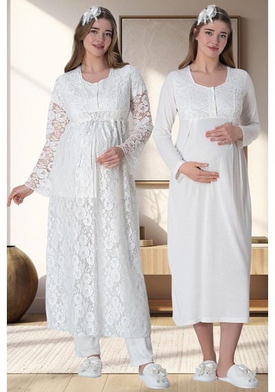 Mecit Pijama Mecit 6060 Bayan Ekru Sabahlık Gecelik Pijama Hamile Lohusa Set 001