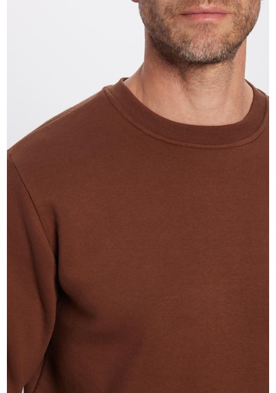 Tudors Unisex Oversize Geniş Kesim Pamuklu Yumuşak Dokulu Polarlı Basic Kahverengi Bisiklet Yaka Sweatshirt-31940 Kahverengi