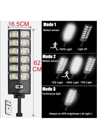 12000 Lümen 504 Led Güneş Enerjili Hareket Sensörlü Kumandalı Bahçe Sokak Garaj Ev Aydınlatma Lambası Işık Siyah