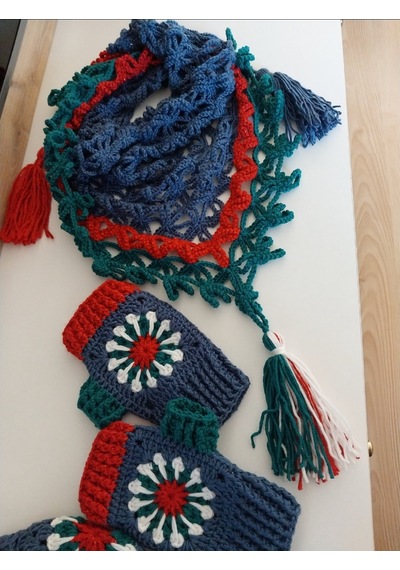 Ressam Bereli Fular Eldiven Takımı , El Yapımı Bere Şal Set Lacivert