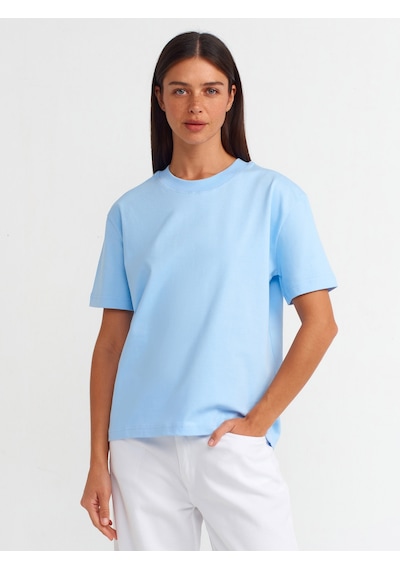 Dilvin 30312 %100 Pamuk Dekoratif Dikişli Bisiklet Yaka T-shirt-açık Mavi Açık Mavi