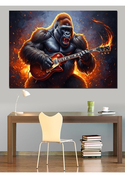 Elektro Gitar Çalan Güçlü Goril Dekoratif Kanvas - Mdf Ahşap Tablo