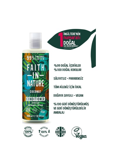 Faith in Nature %99 Doğal nemlendirici Hindistan Cevizi Normal & Kuruya Dönük Saçlar İçin Saç Bakım Kremi 400 ML