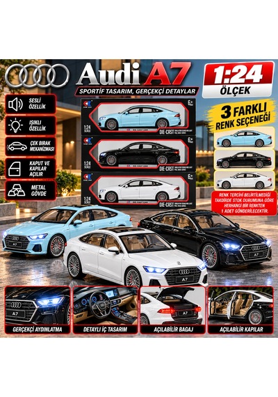 Audi A7 Metal 1:24 Ölçek Oyuncak Araba Sesli Işıklı Çek Bırak Spor Sedan