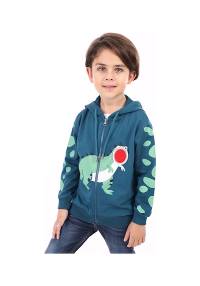Toontoy Kids Toontoy Erkek Çocuk Kapüşonlu Fermuarlı Baskılı Örme Hırka - 2 İplik Petrol Mavi
