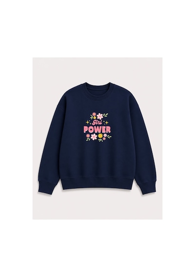 Herkesemoda Power Girl Çiçek Baskı Detaylı Şardonlu 2 İplik Bisiklet Yaka Sweatshirt Lacivert