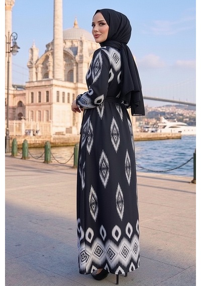 Bestenur Alera Desenli Viskon Elbise 1720 - Siyah