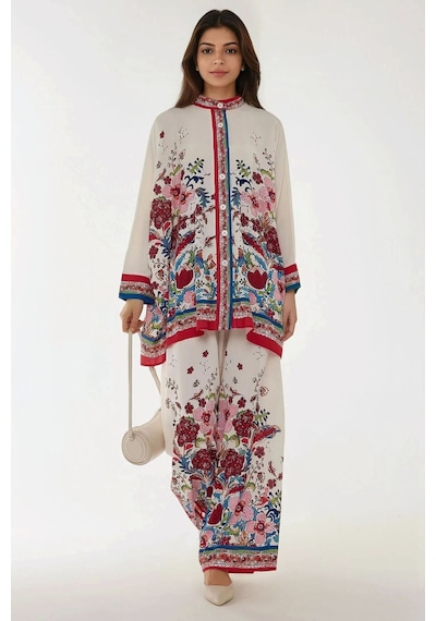 Hiccup Baskıllı Yüksek Bel Kimono Ve Pantolon İkili Modest Takım Beyaz