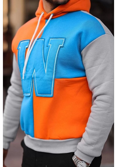 Erkek W Nakış İşlemeli Kapüşonlu Sweatshirt - Mavi