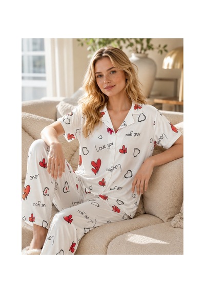 Rindahomewear Kadın Milan Kalp Desenli Düğmeli Kısa Kol Pijama Takımı Beyaz