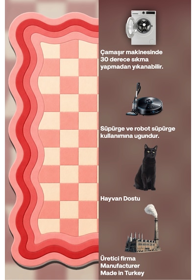 Sdt Retro Damalı Ve Dalgalı Pembe - Krem Dokuma Taban Dekoratif Halı Sdt690 Çok Renkli