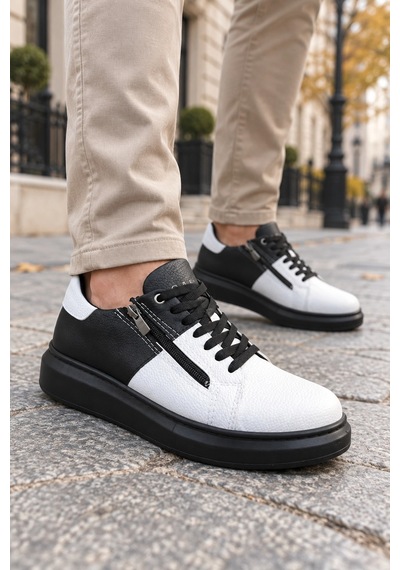 Mevese Roirraw Bağcıklı Ve Fermuarlı Cilt Erkek Günlük Sneaker Ayakkabı - Siyah Beyaz Desenli Mevese Roirraw Bağcıklı Ve Fermuarlı Cilt Erkek Günlük Sneaker Ayakkabı - Siyah Beyaz Desenli