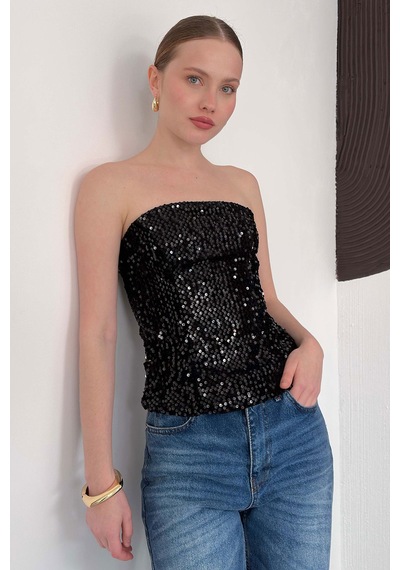 Verymoda Arkadan Fermuarlı Straplez Payet Bluz F2056 Siyah