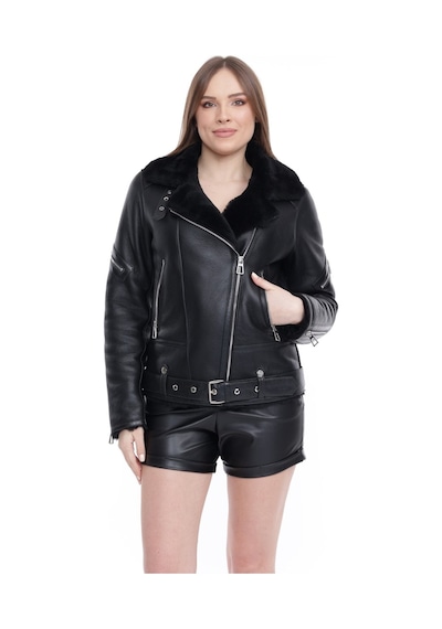 M M Marki Marki Kadın Siyah Hakiki Deri Ceket, Kruvaze Yaka, Kemerli Biker Model, Içi Kürklü - 109422