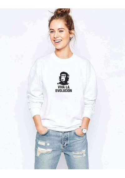 Viva La Evolution Baskılı Beyaz Kadın Sweatshirt
