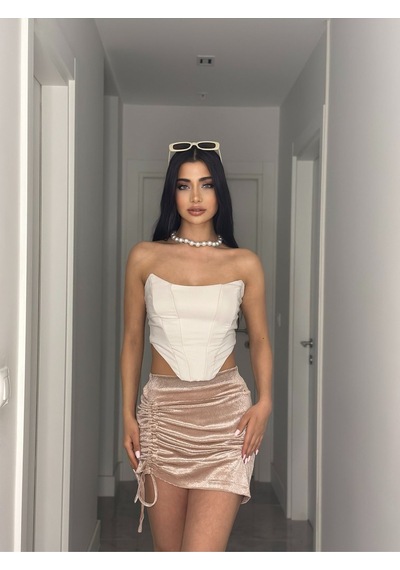 Pepulem Kıvrak Simli Kadife Mini Etek Pudra