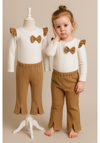 Aden Kids Kız Çocuk Badi Ve İspanyon Paça Taytlı Alt Üst Takım Ekru - Kahverengi Aden Kids Kız Çocuk Badi Ve İspanyon Paça Taytlı Alt Üst Takım Ekru - Kahverengi