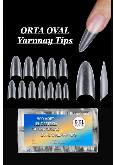Protez Tırnak 500'lü Jel Orta Oval Yarım Ay Tips Yarımay Beyaz
