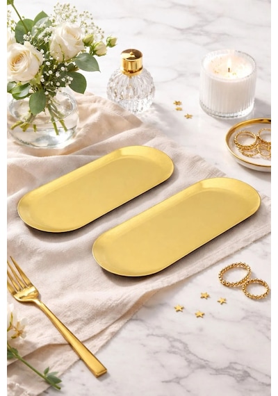 2 Kişilik Lüks Gold Metal Sunumluk Tepsi Oval Sunum Servis Tepsisi 23cm Altın - Gold
