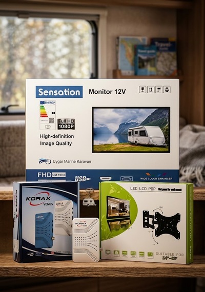 12 Volt Karavan Tv Seti Sensation 19" Full Hd 1080p Led Ekran + Korax Mini Uydu Alıcı + Hareketli Askı Aparatı