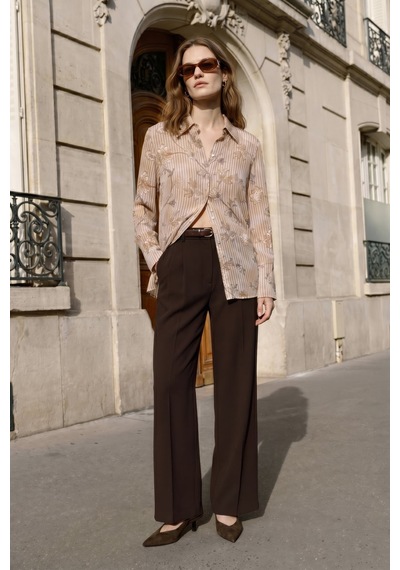 Sateen Çizgi Ve Çiçek Desenli Gömlek - Kahve-137458