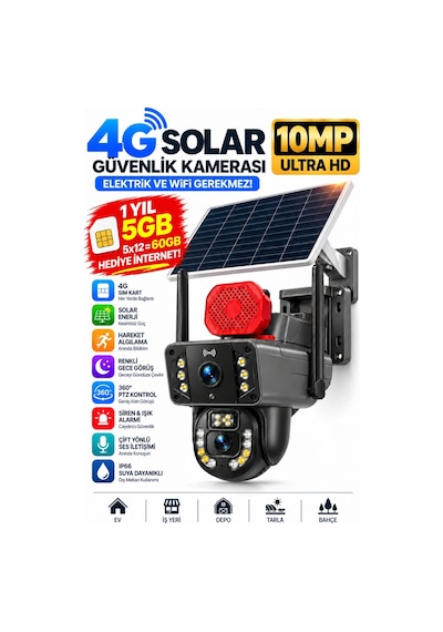 Pro 10mp 4g Solar Güvenlik Kamerası Sim Kartlı Ptz Renkli Gece Görüş Ip66 1 Yıl 60gb İnternet Hediye