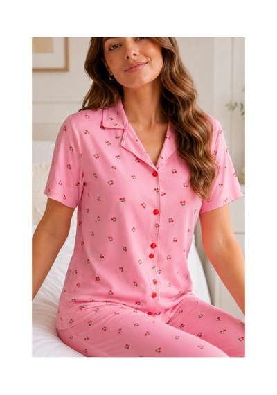 Angbutik Pembe Kiraz Desenli Kısa Kollu Gömlek Yaka Milan Kumaş Kadın Pijama Takımı