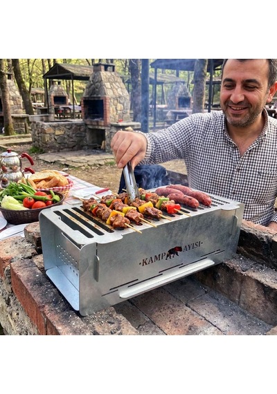 Kamp Ayısı Campbrick Paslanmaz Çelik Izgaralı, 15cm Közlüklü Katlanır Mangal Gri