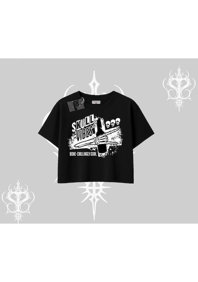Tarzsokak Oversize Crop Tshirt Skull Impact Bone Chilling Street Icon Siyah